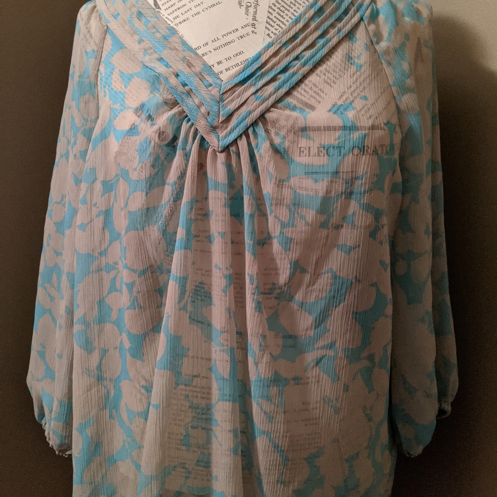 Lane Bryant Sheer White & Teal Blouse 14/16 V-neck